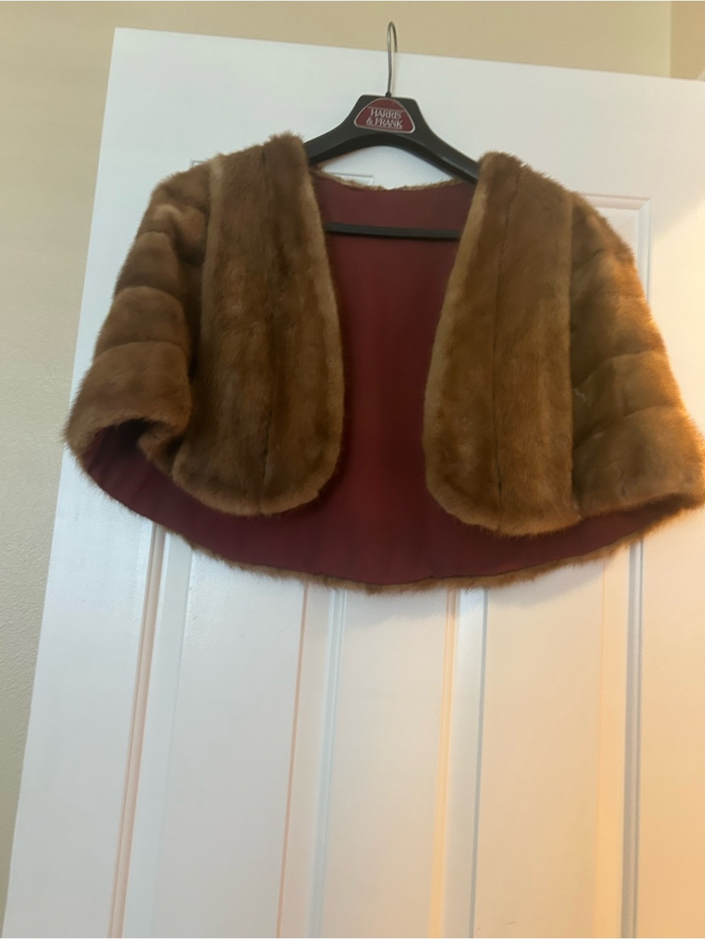 Brown Fur Cropped Cape with Burgundy Lining